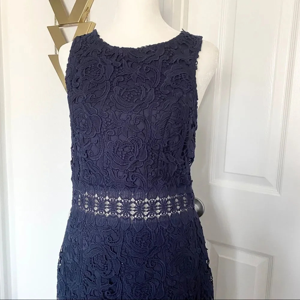 Mademoiselle Philip Marc Navy Blue Floral Lace Sleeveless Midriff Mini Dress - Picture 2 of 13